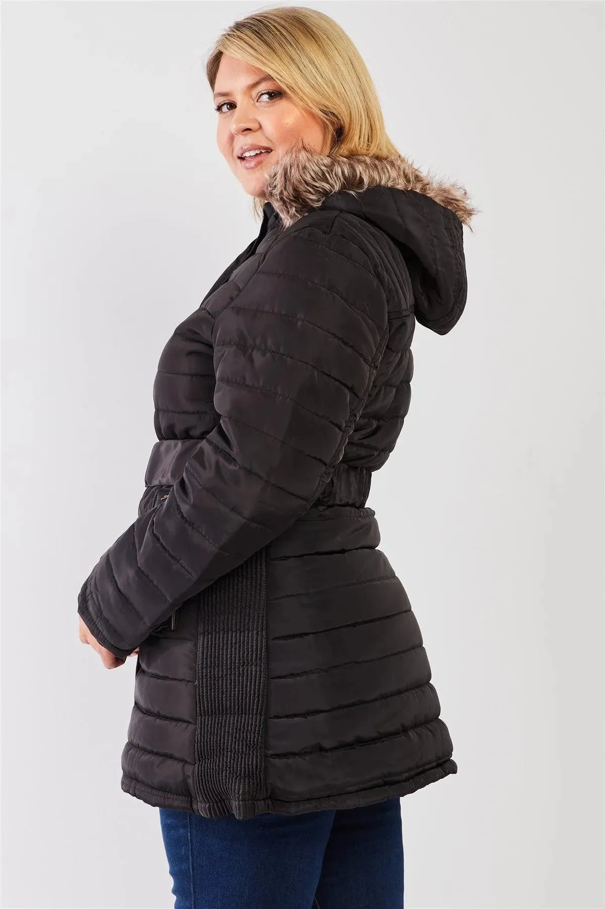 Junior Plus Black Parallel Quilt Faux Fur Hood Belted Padded Long Puffer Jacket /1-3-2