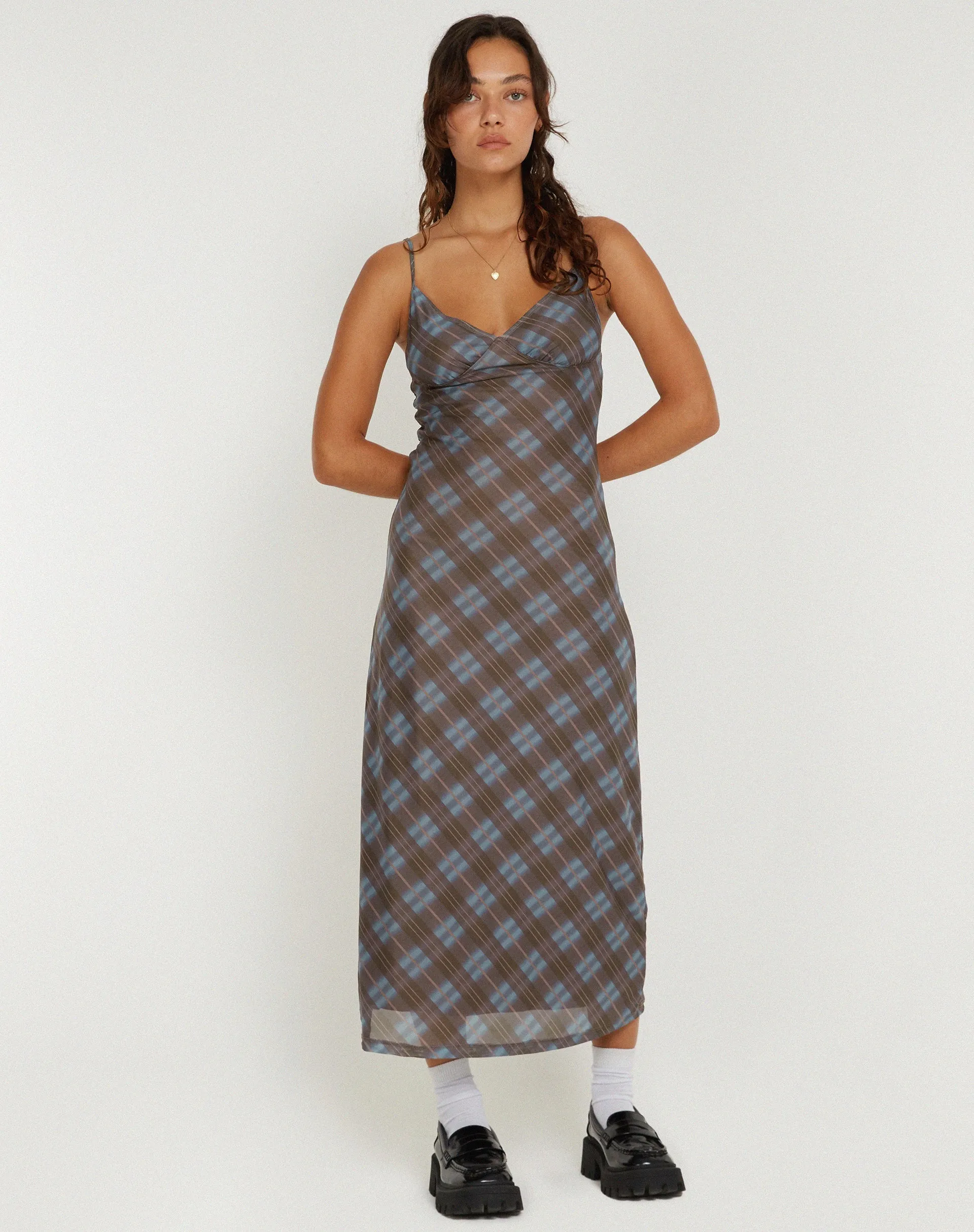 Kalana Midi Dress in Green Blurred Check Dark Olive