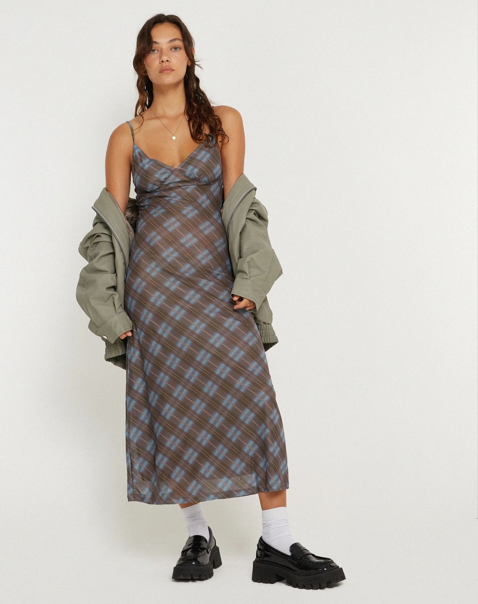 Kalana Midi Dress in Green Blurred Check Dark Olive