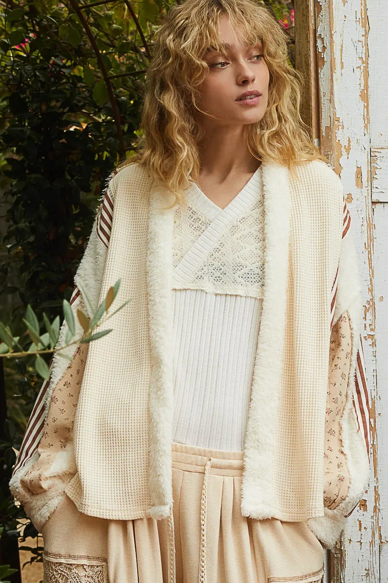 kesley Open Front Waffle Knit Fleece Mix Cardigan