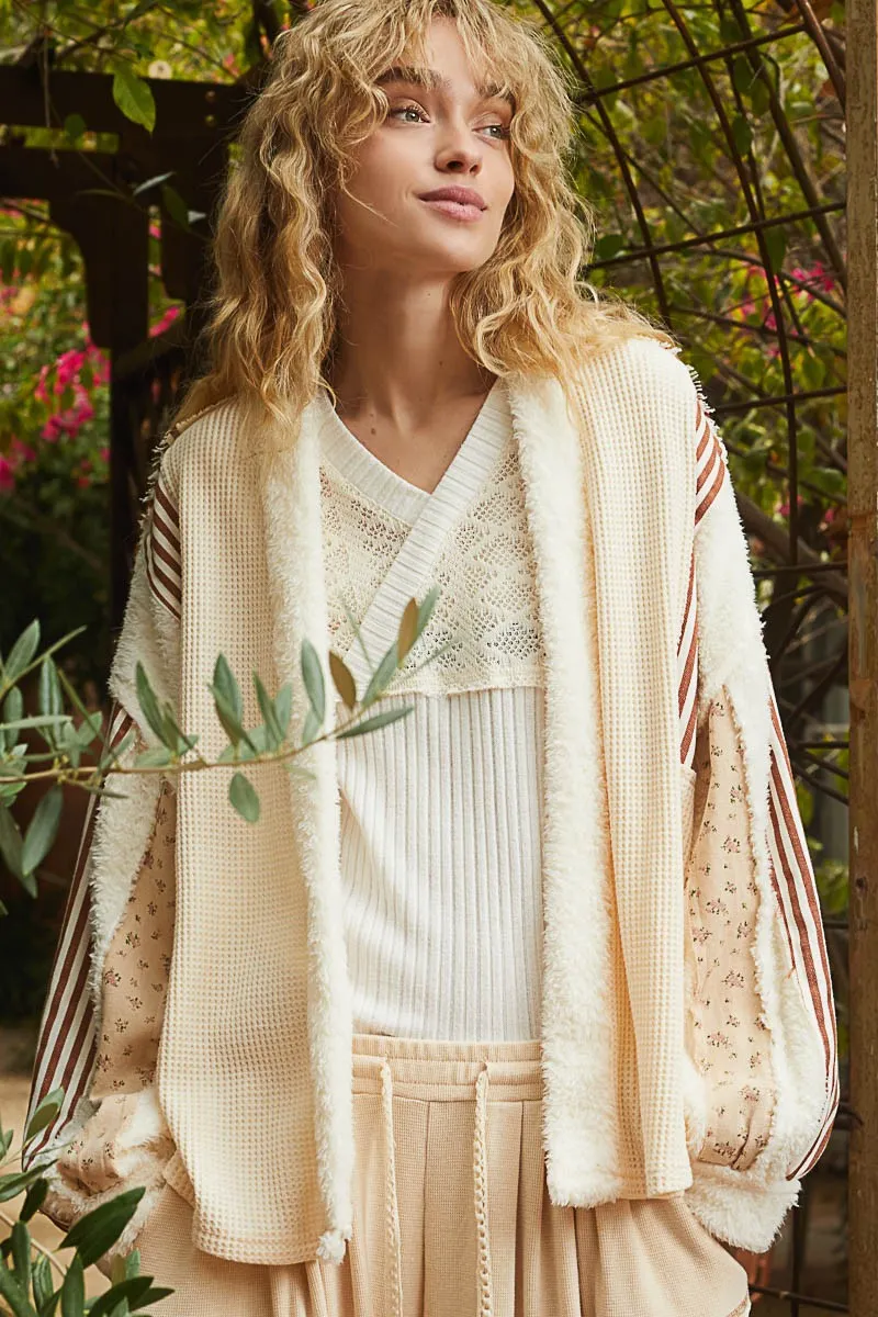 kesley Open Front Waffle Knit Fleece Mix Cardigan