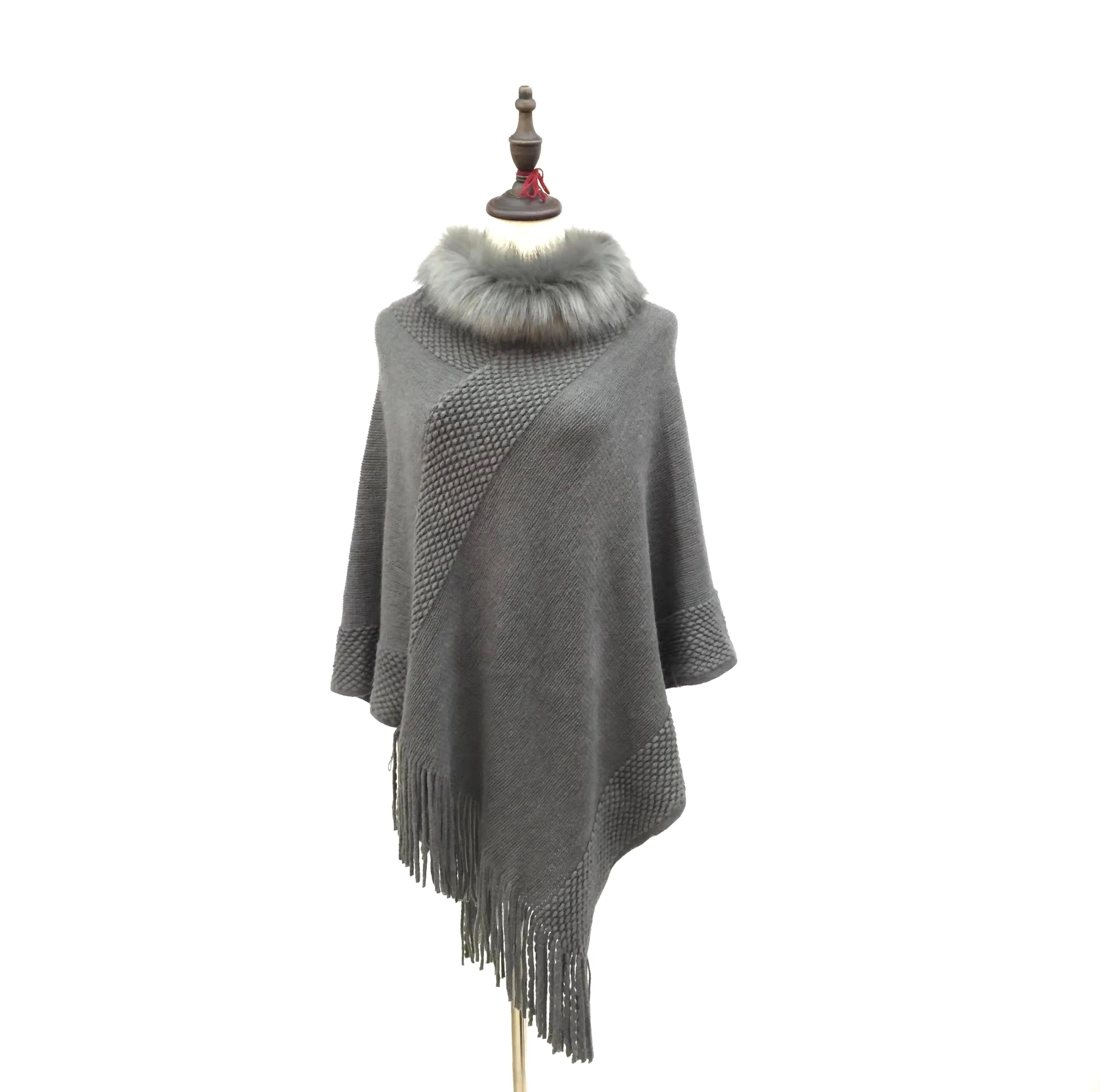 Knitted Style Poncho with Faux Fur Collar