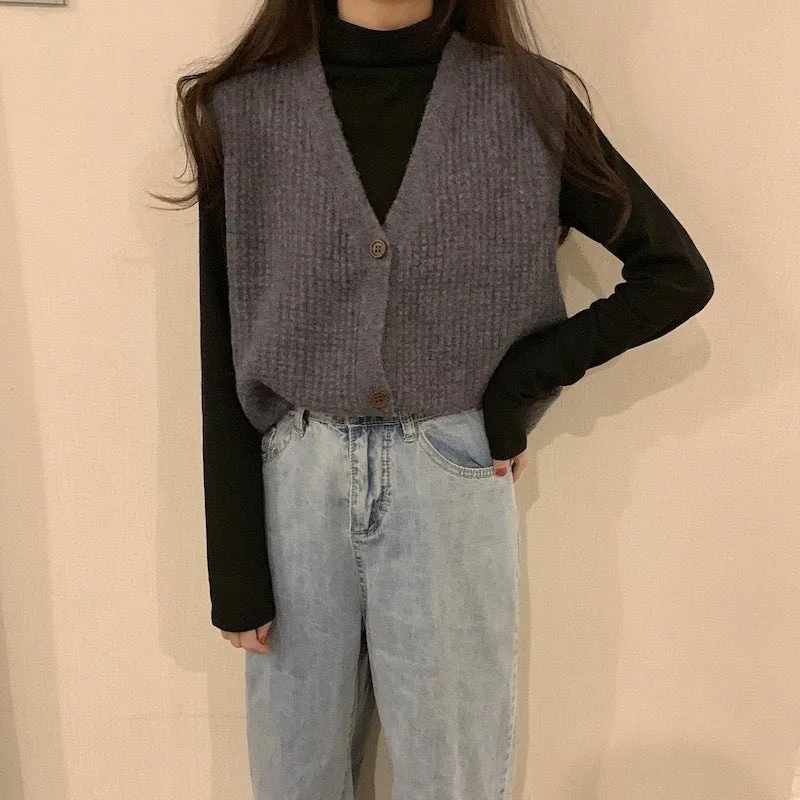 Knitted woolen vest jacket new V-neck button placket loose lazy style sweater undershirt sleeveless cardigan