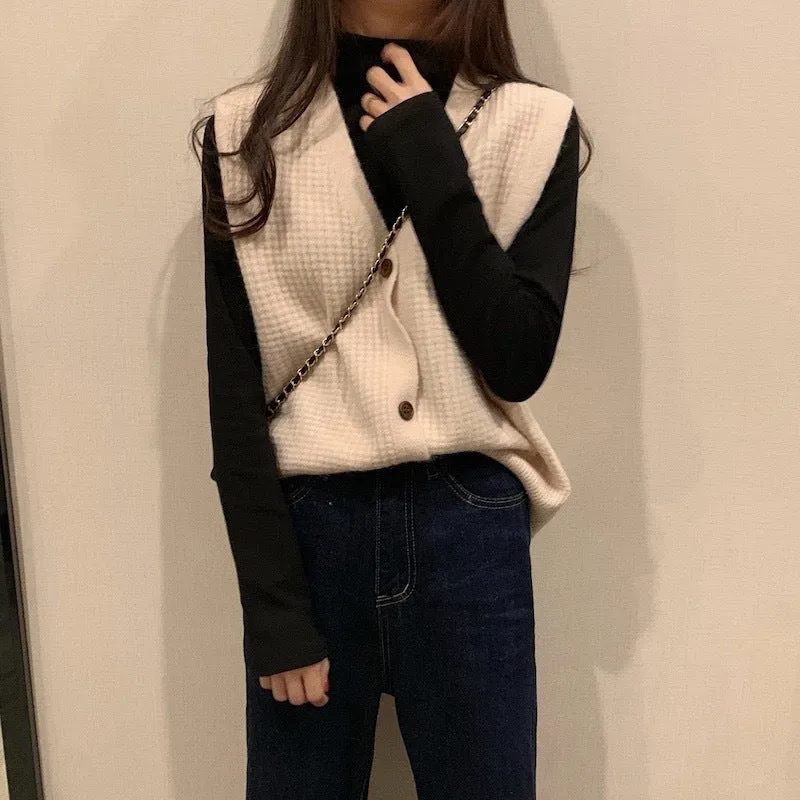 Knitted woolen vest jacket new V-neck button placket loose lazy style sweater undershirt sleeveless cardigan