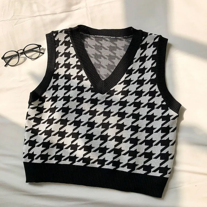 Korean Style Houndstooth Knit Vest Sweater for Autumn/Winter