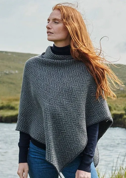 Ladies Herringbone Poncho | Charcoal