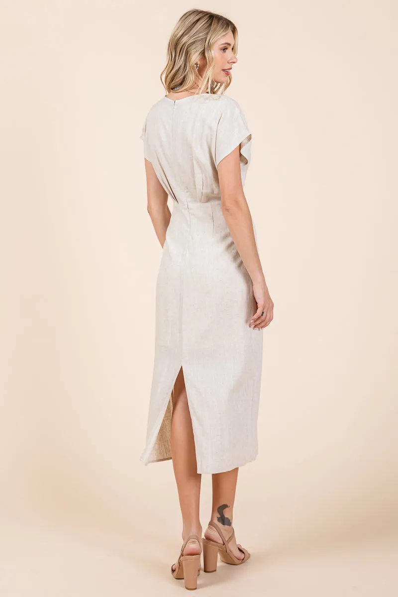 Linen V Neck Wrap Ruched Sheath Midi Dress