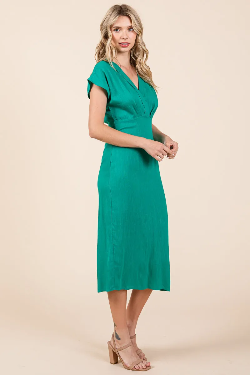 Linen V Neck Wrap Ruched Sheath Midi Dress