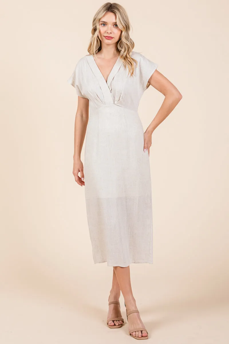 Linen V Neck Wrap Ruched Sheath Midi Dress