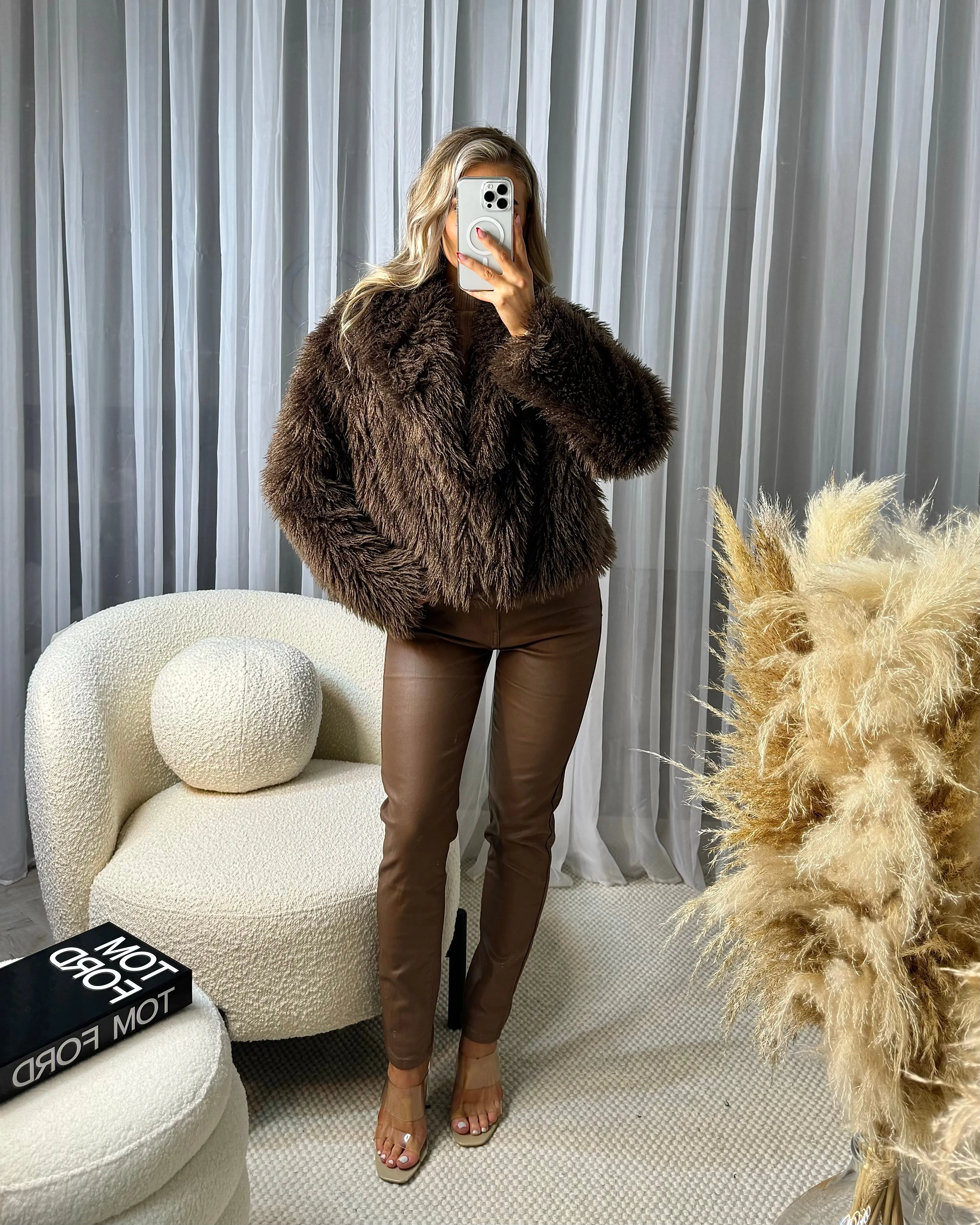 Lottie Faux Fur Short Button Coat - Chocolate