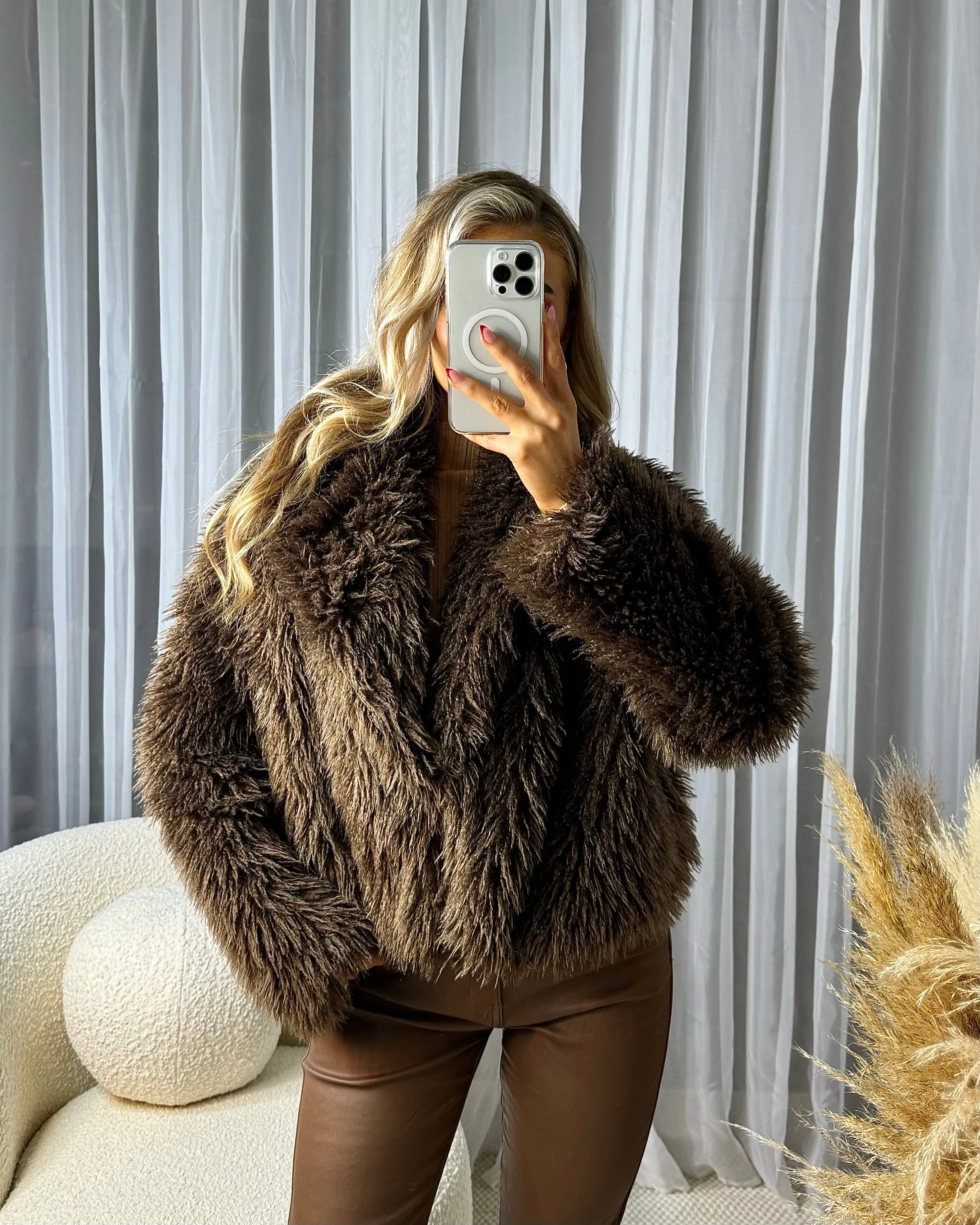 Lottie Faux Fur Short Button Coat - Chocolate