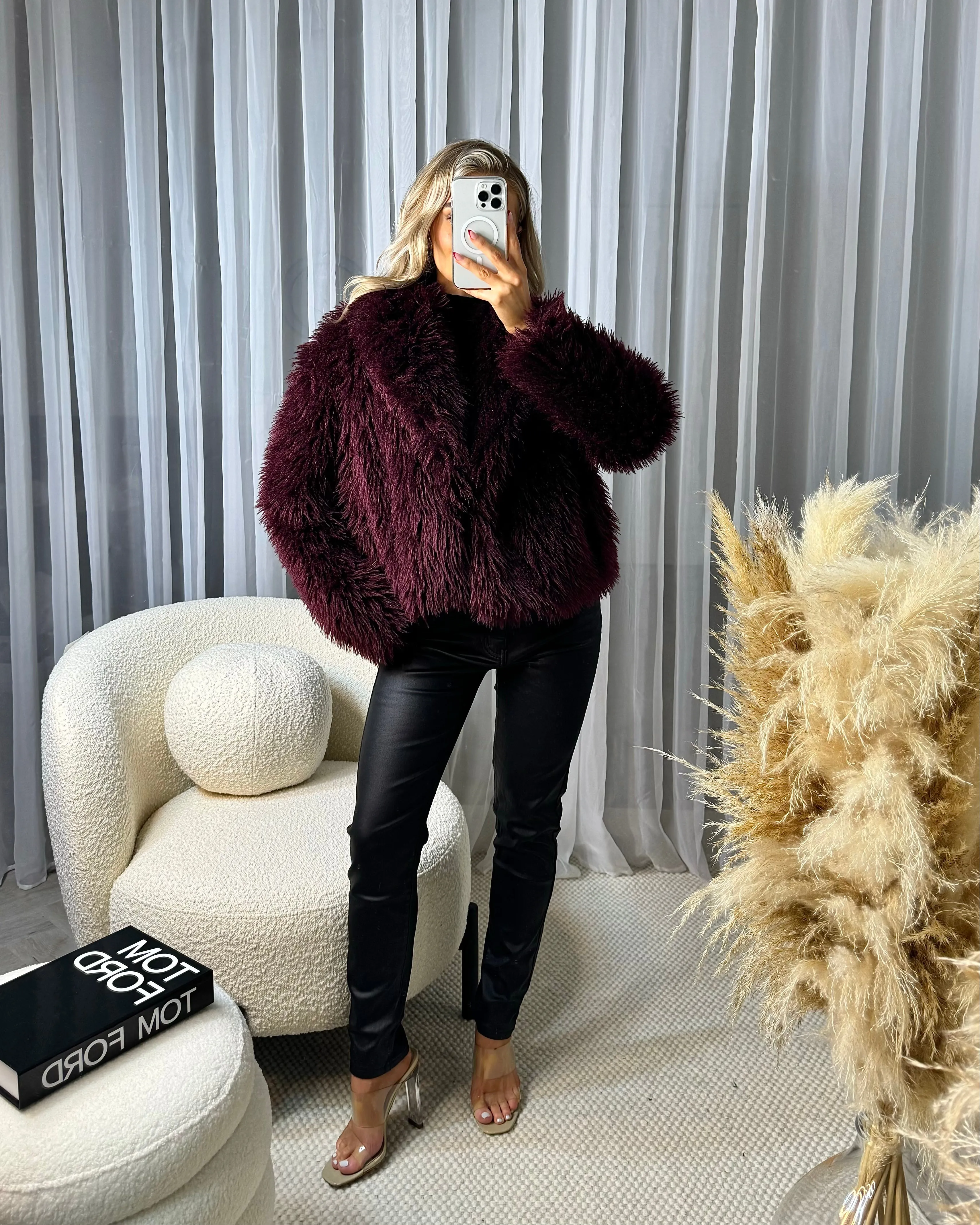 Lottie Faux Fur Short Button Coat - Wine