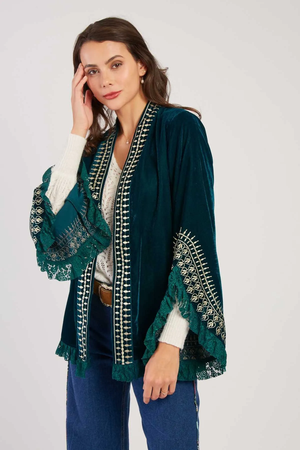 LouLou Embroidered  Velvet Jacket -Teal