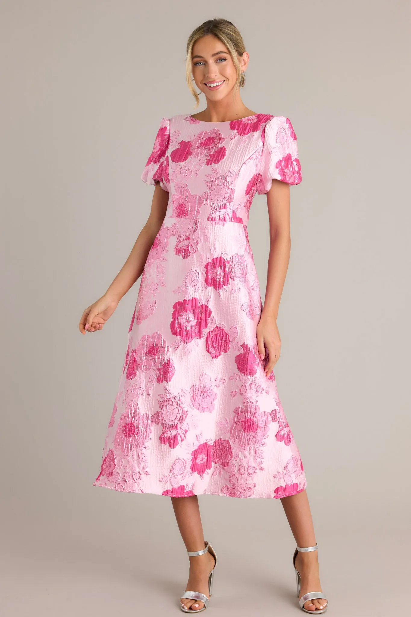 Luxe Living Light Pink Floral Jacquard Midi Dress