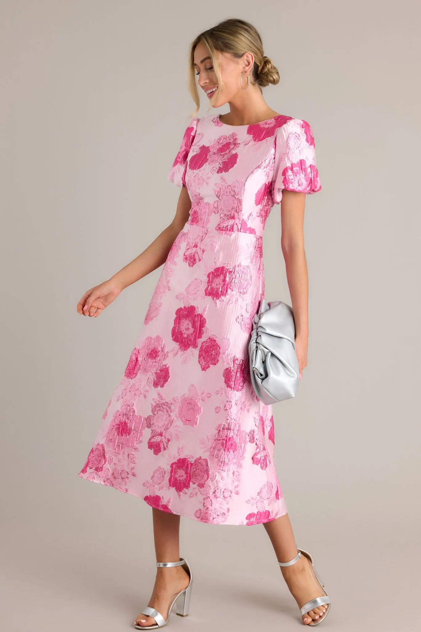 Luxe Living Light Pink Floral Jacquard Midi Dress