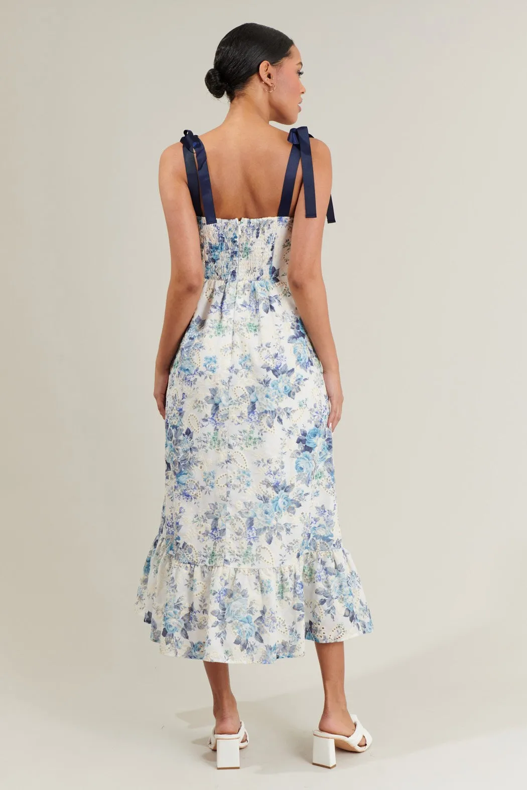 Malia Blue Garden Floral Eyelet Midi Dress