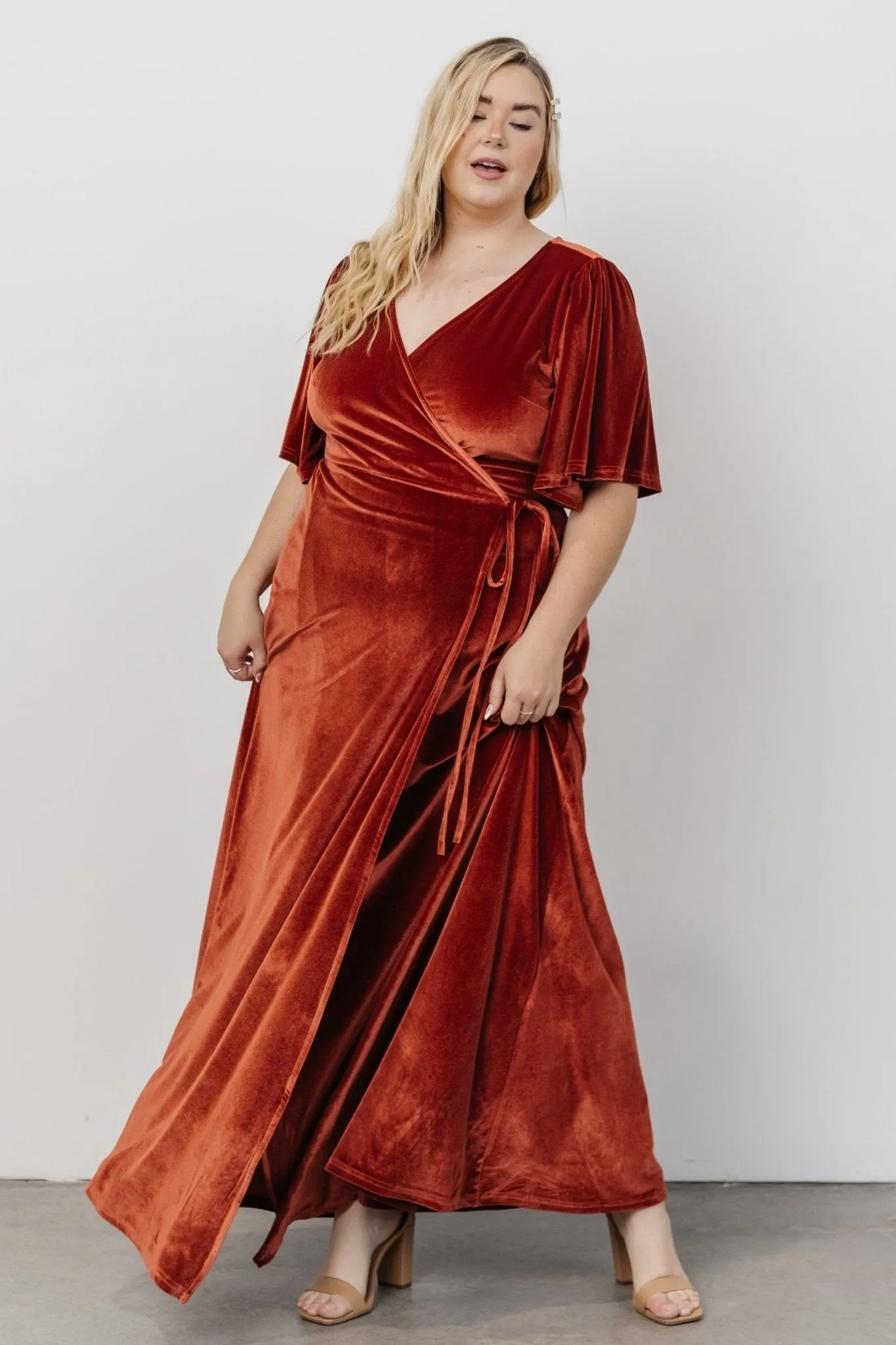 Meghan Velvet Wrap Maxi Dress | Terracotta