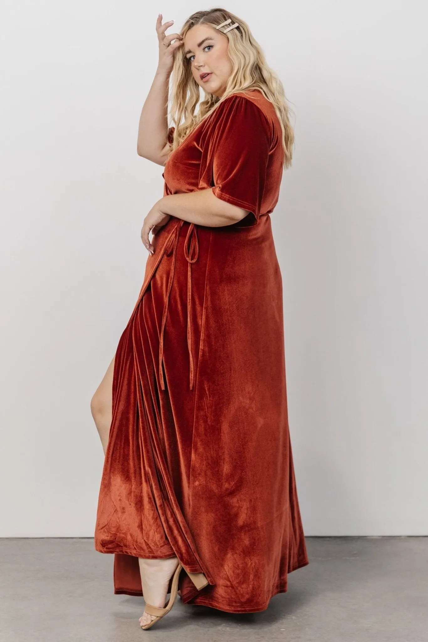 Meghan Velvet Wrap Maxi Dress | Terracotta