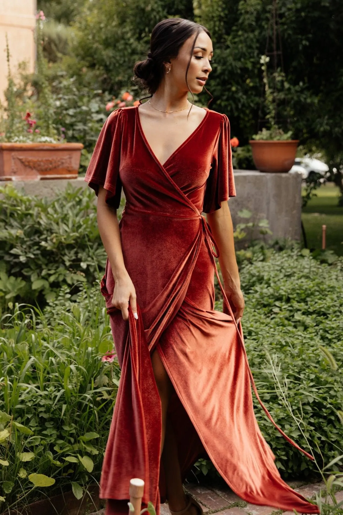 Meghan Velvet Wrap Maxi Dress | Terracotta