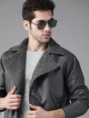 Men Charcoal Grey Solid Biker Jacket  | QAWACH