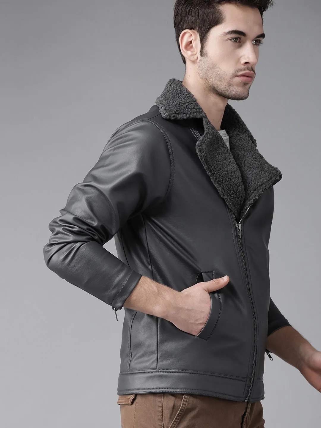 Men Charcoal Grey Solid Biker Jacket  | QAWACH