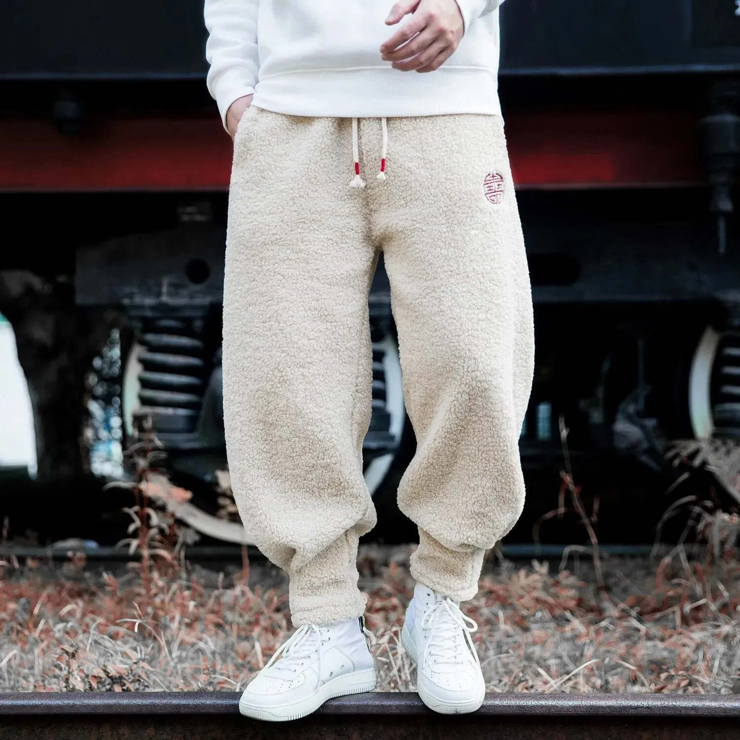 Men fleece teddy trousers fleece joggers running pants loose joggers