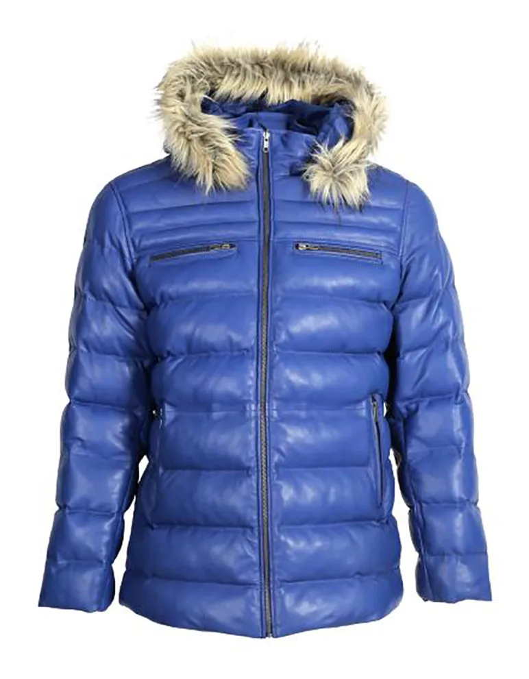 Mens Jeremiah Puffer Leather Jacket with Fur Hoodie (Blue)