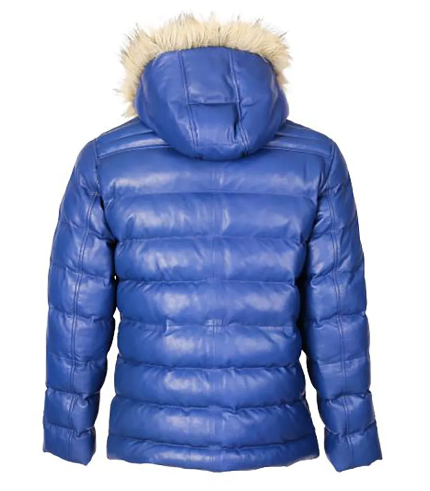 Mens Jeremiah Puffer Leather Jacket with Fur Hoodie (Blue)