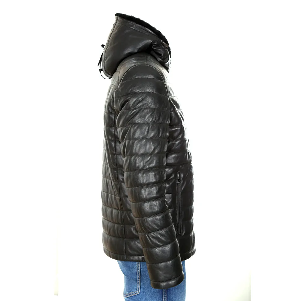 Mens Mason Puffer Leather Jacket with Fur Hoodie