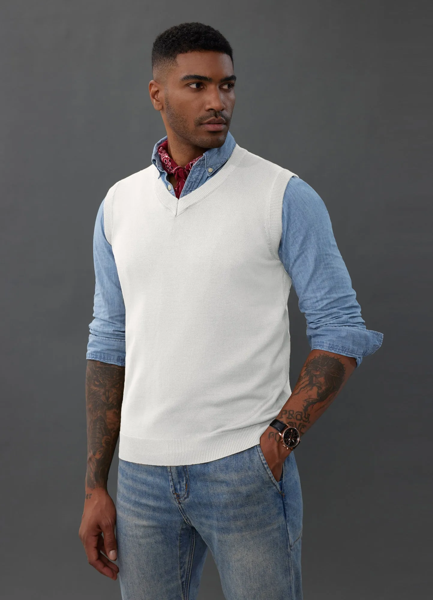 Mens V-Neck Knitted Sweater Vest Solid Plain Sleeveless Pullover Knitwear