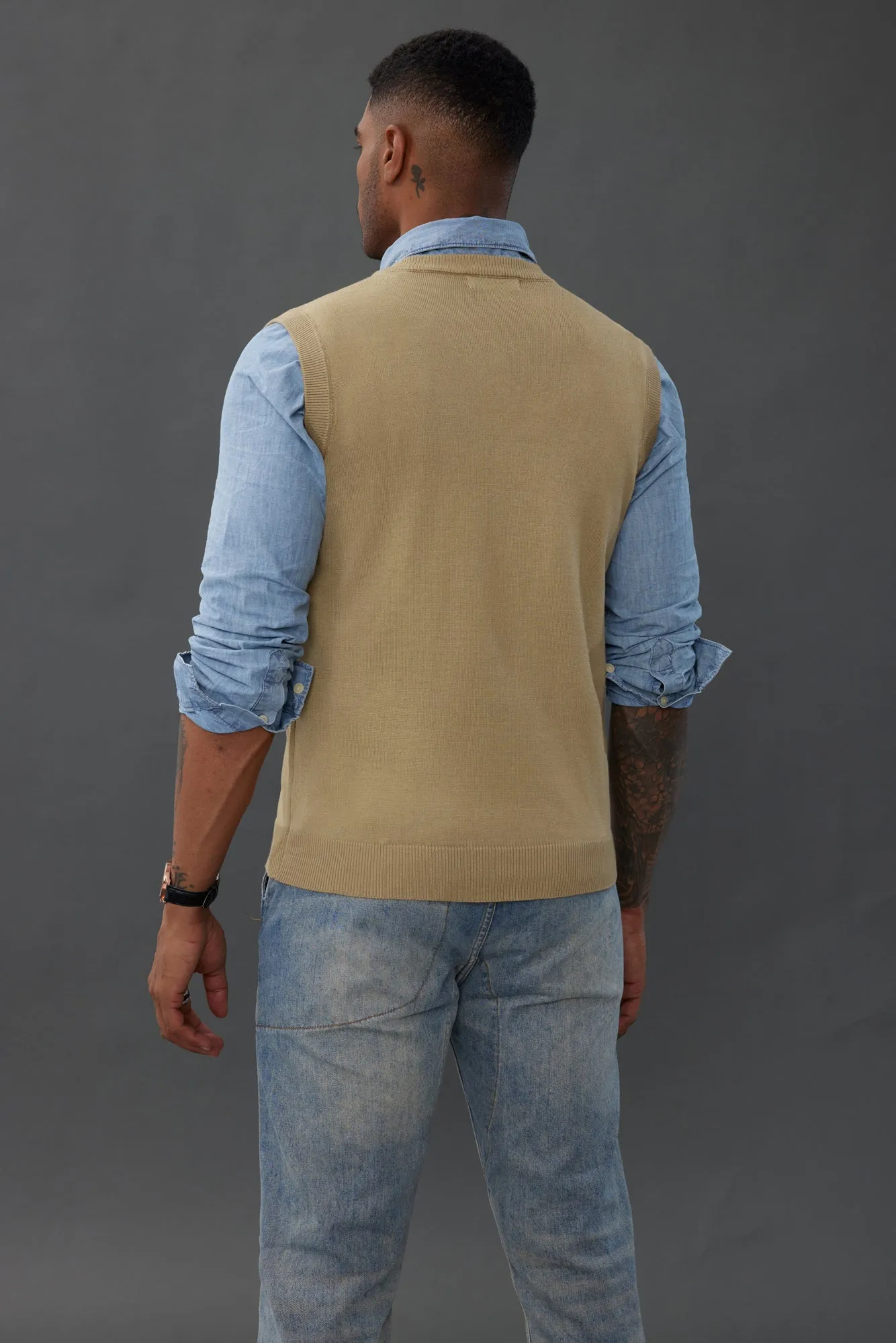 Mens V-Neck Knitted Sweater Vest Solid Plain Sleeveless Pullover Knitwear