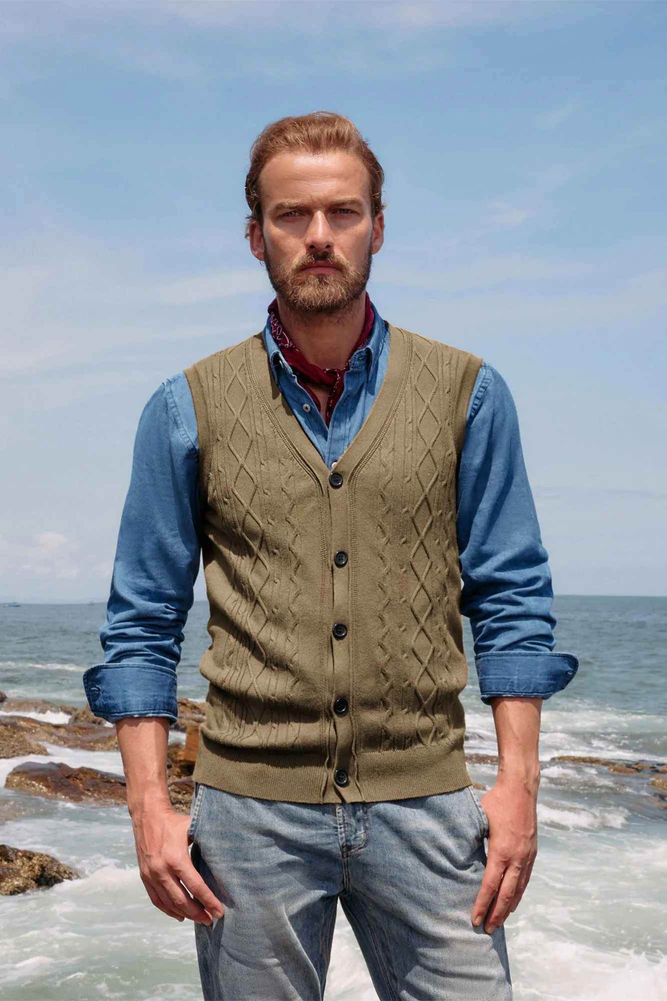 Mens V-Neck Sweater Vest Cable Knitted Button-Up Sleeveless Cardigan Vest