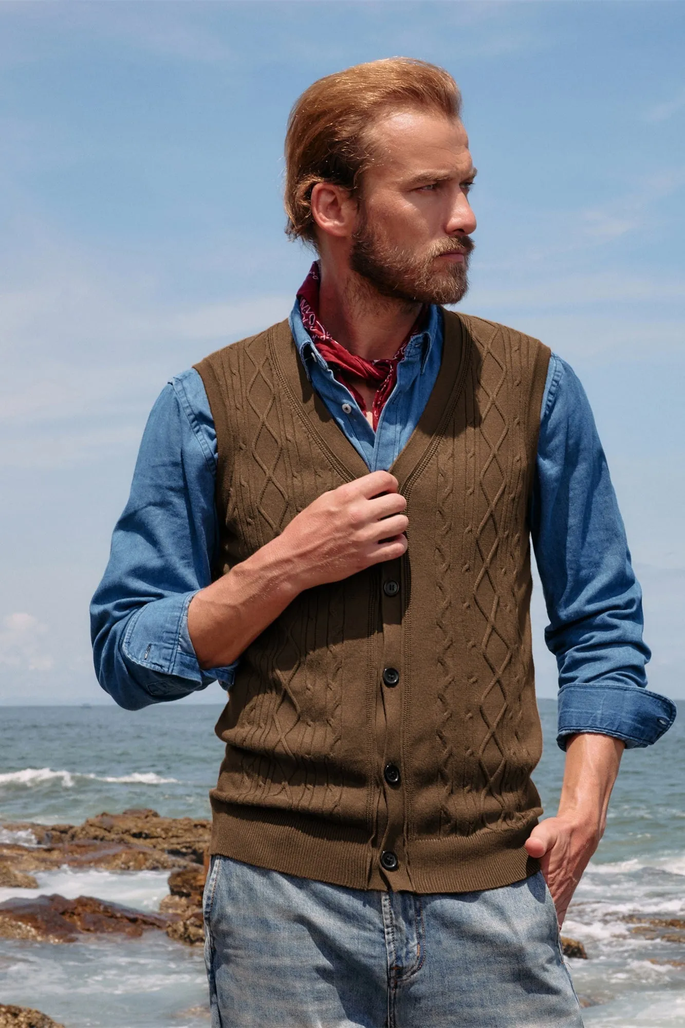 Mens V-Neck Sweater Vest Cable Knitted Button-Up Sleeveless Cardigan Vest