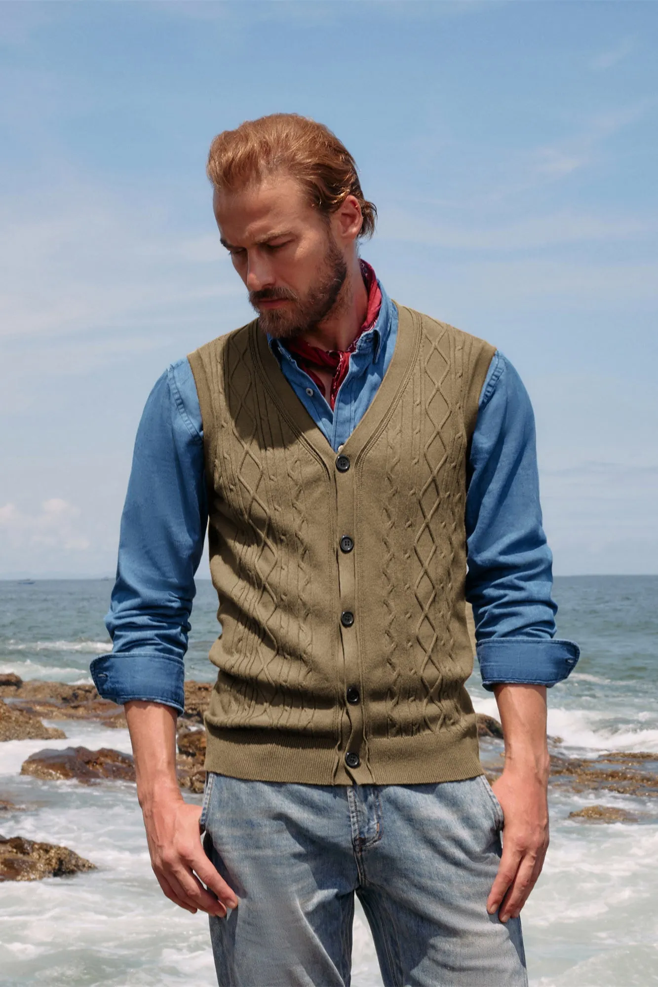 Mens V-Neck Sweater Vest Cable Knitted Button-Up Sleeveless Cardigan Vest