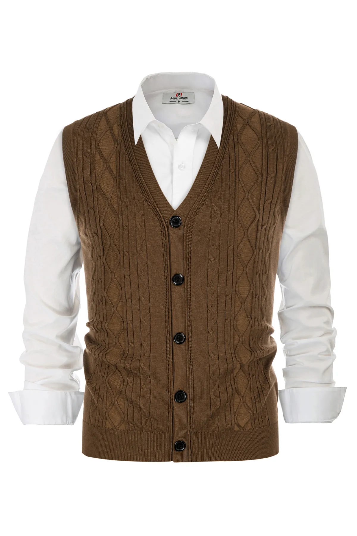 Mens V-Neck Sweater Vest Cable Knitted Button-Up Sleeveless Cardigan Vest