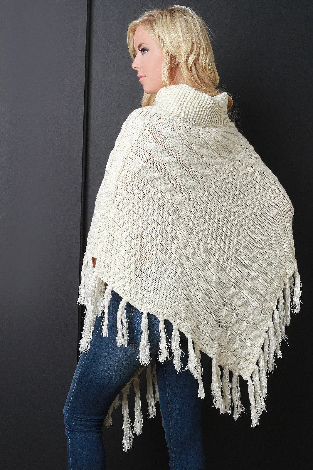 Mixed Cable Knit Turtleneck Tassel Hem Poncho