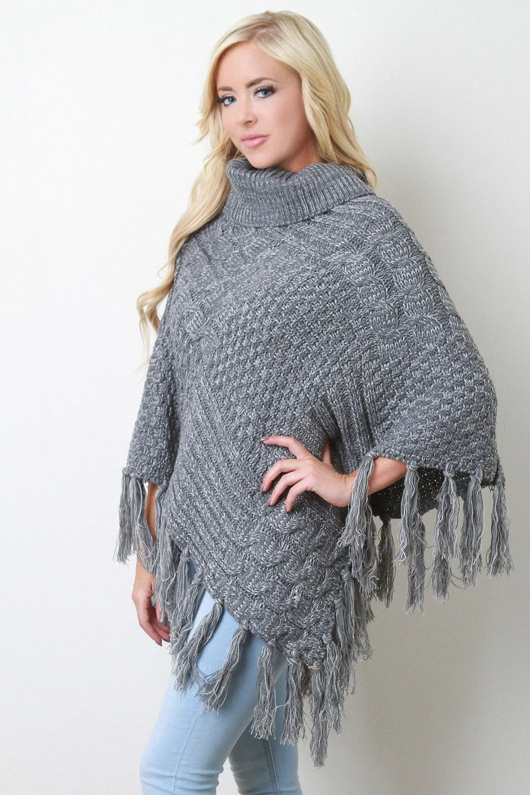 Mixed Cable Knit Turtleneck Tassel Hem Poncho