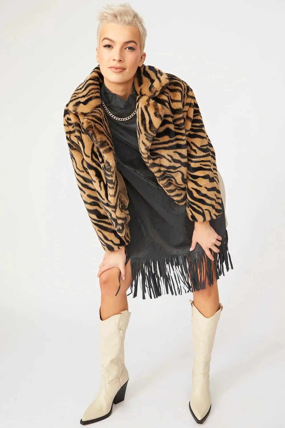 Mocha Faux Fur Cropped Tiger Print Jacket