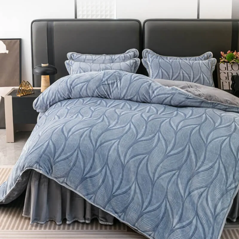 Modern Leaf Pattern Soft Milk Velvet Bed Sheet Set with Bed Skirt