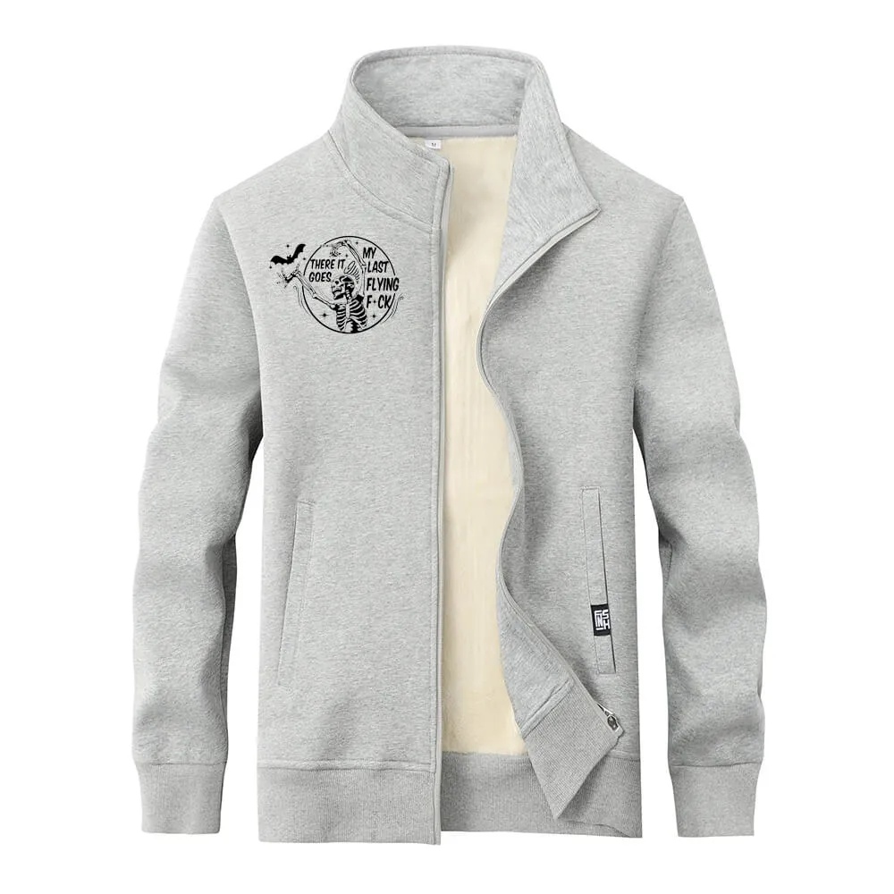 Multicolor Bat Skull Letters Fleece Stand Collar Zip Cardigan