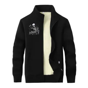 Multicolor Book Reading Skull Fleece Stand Collar Zip Cardigan