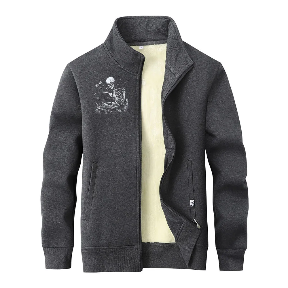 Multicolor Book Reading Skull Fleece Stand Collar Zip Cardigan