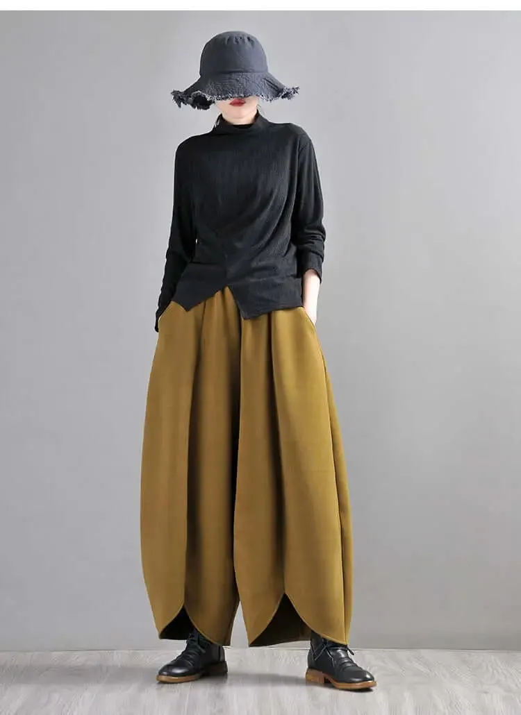 Mustard Green Wide Leg Wool Pants for Modern Commuters