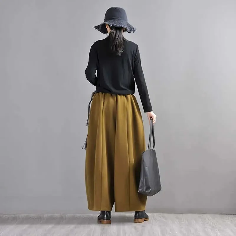 Mustard Green Wide Leg Wool Pants for Modern Commuters