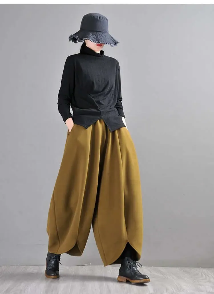 Mustard Green Wide Leg Wool Pants for Modern Commuters