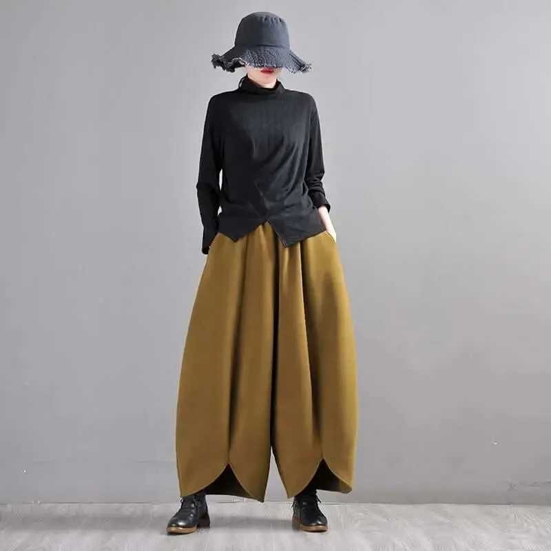 Mustard Green Wide Leg Wool Pants for Modern Commuters