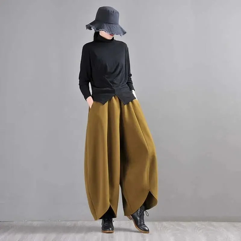 Mustard Green Wide Leg Wool Pants for Modern Commuters