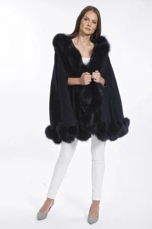 Navy Cashmere Hooded and Fox Fur Cape Coat