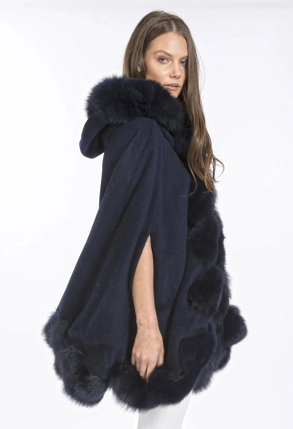 Navy Cashmere Hooded and Fox Fur Cape Coat