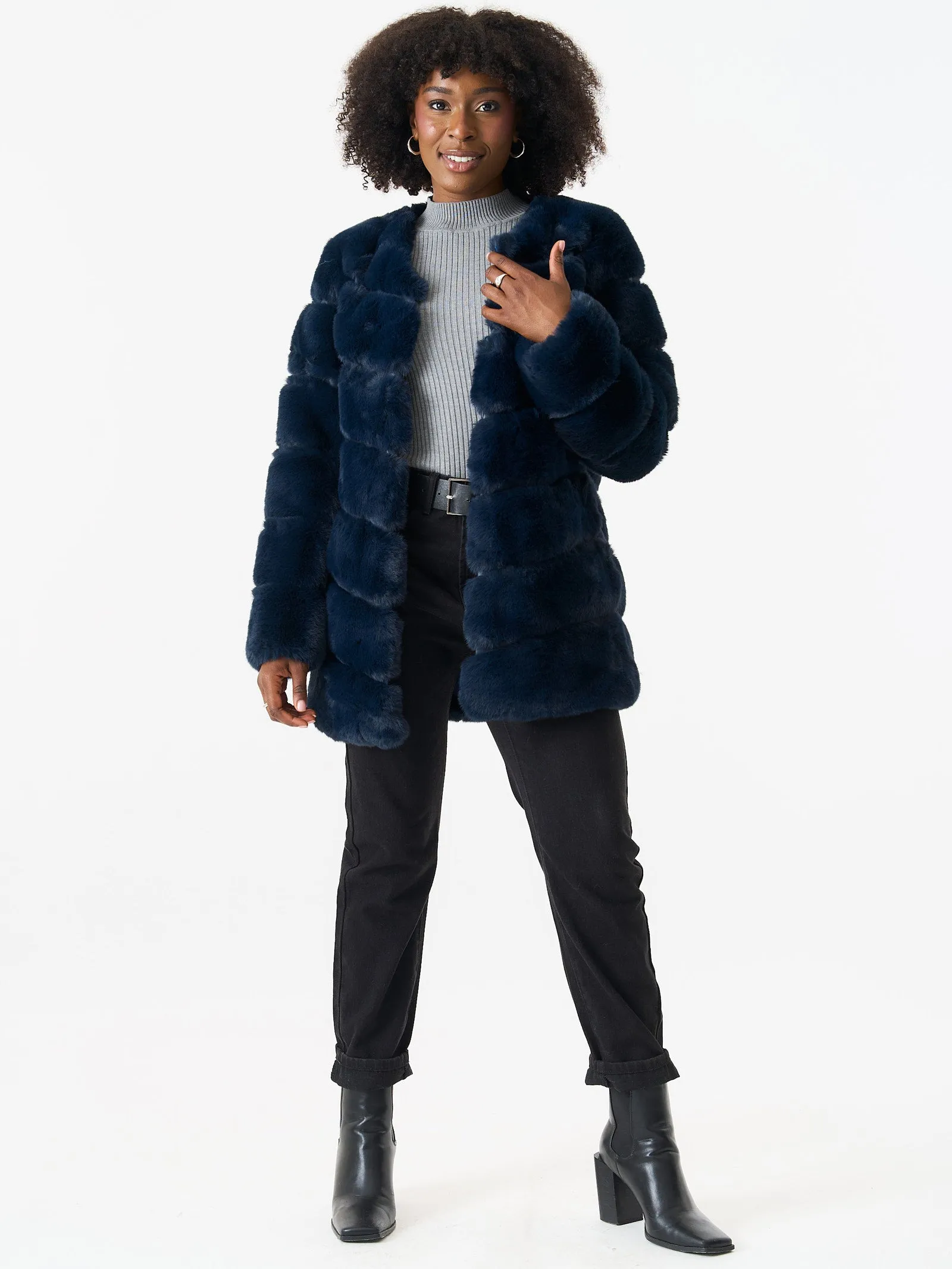 Navy Diagonal Cut Faux Fur Long Sleeve Jacket